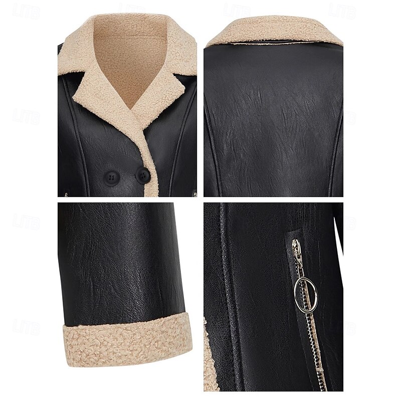 Women's Faux Leather Jacket Fleece Jacket Warm Zipper Pocket Buttons Vintage Fashion Casual Plain Street Casual Daily Wear Short Notch Lapel Regular Fit Long Sleeve Outerwear Black Fall Winter4