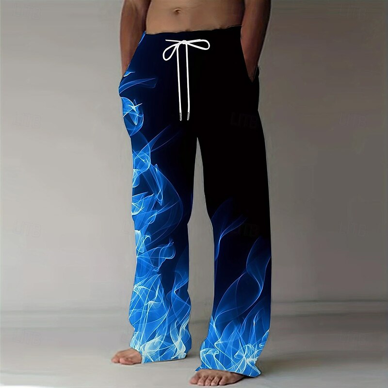 Men's Flame Trousers Baggy Pants Casual Pants Mid Waist Fashion Casual Holiday Streetwear Elastic Drawstring Waist Linen-Like Pants with Pockets Summer Spring 3D Print Red Blue Purple