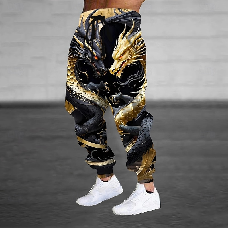 Men's Animal Dragon Sweatpants Joggers Trousers Mid Waist Drawstring Elastic Waist Casual Jogging Streetwear Workout Athletic Sweatpants with Pockets Spring Fall 3D Print Gold3