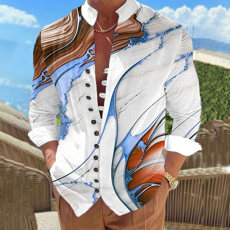 Men's Marble Abstract Liquid Art Shirt Stand Collar Shirt Long Sleeve Casual Vacation Daily Wear Going out Spring Fall Mandarin Collar Band Collar Button-Down Linen Like Shirt Wine Blue Purple Green4