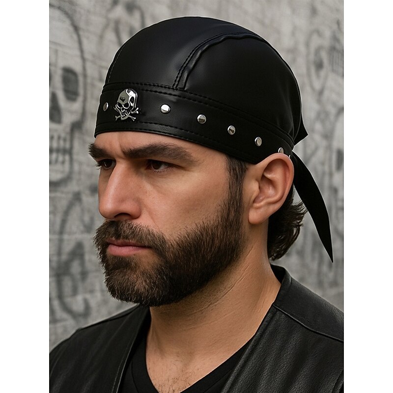 Men's Faux Leather Skull Pirate Headwrap – Halloween Costume Bandana Hat for Bikers, Cosplay and Gothic Party Wear