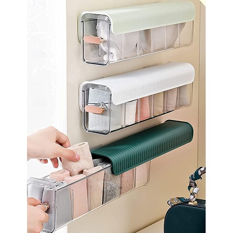Socks Underwear Wall Mount Drawer Organizer, Switchable 6 Cell Drawer Acrylic Organizers Self-Adhesive Anti Dust Storage Boxes for Clothes Socks Lingerie Underwear Ties
