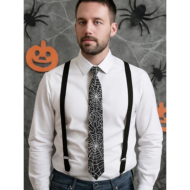 Men's Halloween Spider Web Print Necktie – Black and White Satin Slim Tie, Stylish Party Accessory for Cosplay, Formal Events and Office Halloween Outfits3