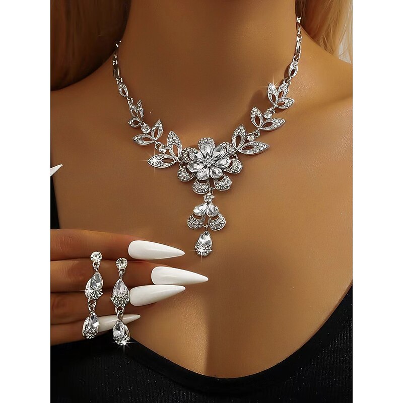 Women's Gold-Plated Blue Crystal Necklace and Earrings Set with Floral Design - Elegant Party Jewelry for Formal Events and Evening Celebrations2