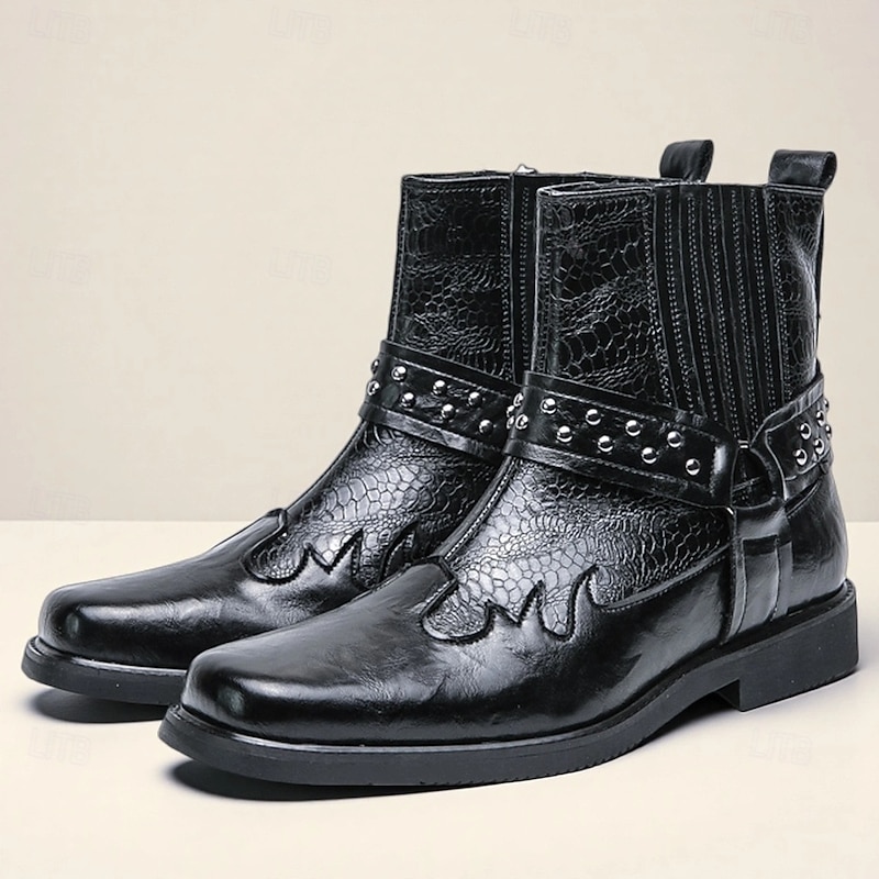 Men's Gothic Ankle Boots with Studded Straps – Punk Style Slip-On Combat Shoes for Halloween, Cosplay & Night Out