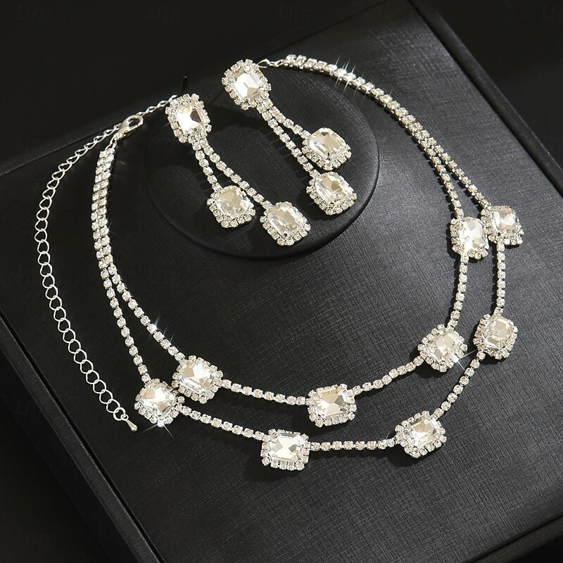 Bridal Jewelry Sets Two-piece Suit Zircon Imitation Diamond 1 Necklace Earrings Women's Vintage Personalized Classic Lovely Geometrical Love Precious Geometric Jewelry Set For Wedding Birthday Gift2