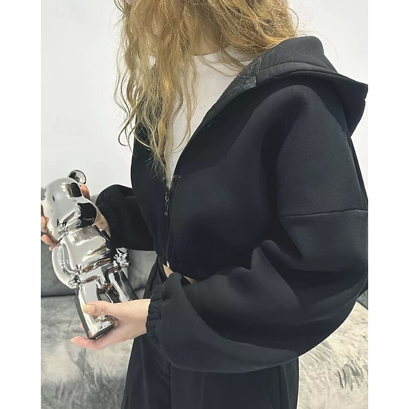 Women's Pullover Hoodie Sweatshirt Zip Up Hoodies Plain Streetwear Casual Long Sleeve Hooded Regular Tops Street Holiday Zipper Black Light Grey Gray Fall Winter4