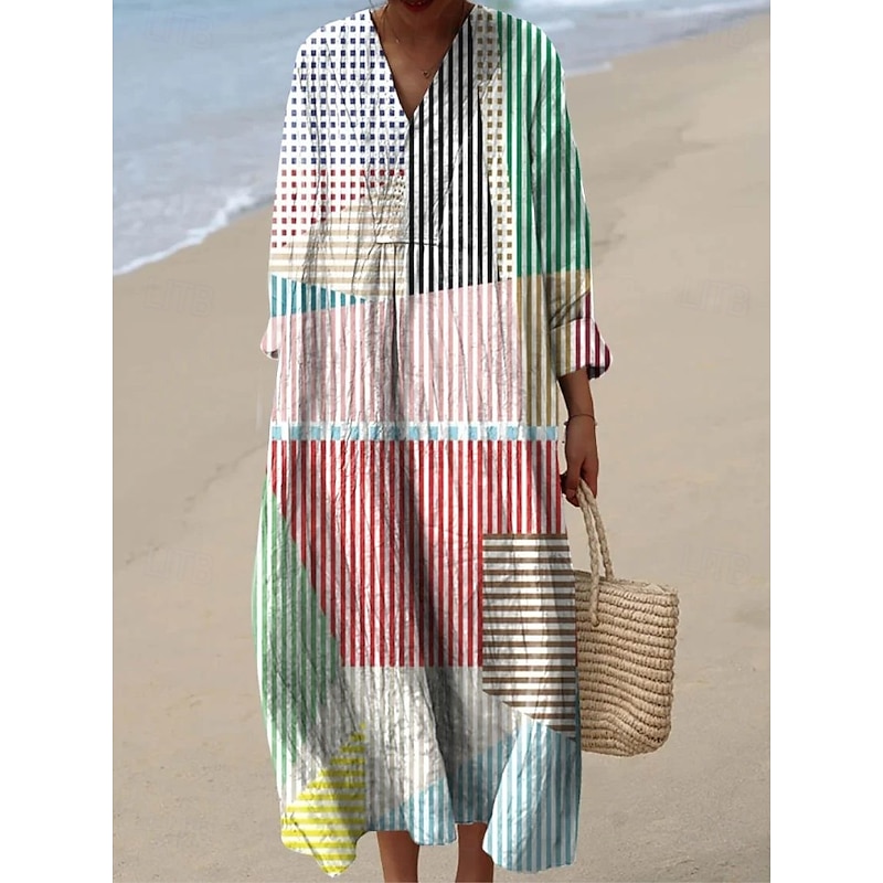 Women's Midi Dress V Neck Long Sleeve Kaftan Lightweight Loose Fit A Line Dress Casual Boho Going out Graphic Geometric Abstract Long Sleeve V Neck Dark Yellow Black Light Green Pink Fall