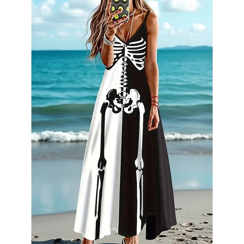 Halloween Women's Skulls Print Midi Dress Sundress A Line Dress Slip Dress Vacation Casual Vacation Daily Beach  Graphic Leaf Tropical Sleeveless V Neck Black And White Light Yellow Black White