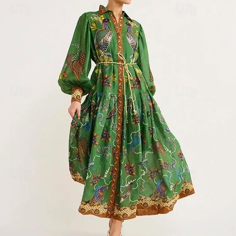 Women's Midi Dress Shirt Dress Swing Dress Print Dress Classic Modern Outdoor Vacation Holiday Regular Fit Flower Long Sleeve Shirt Collar Green Fall