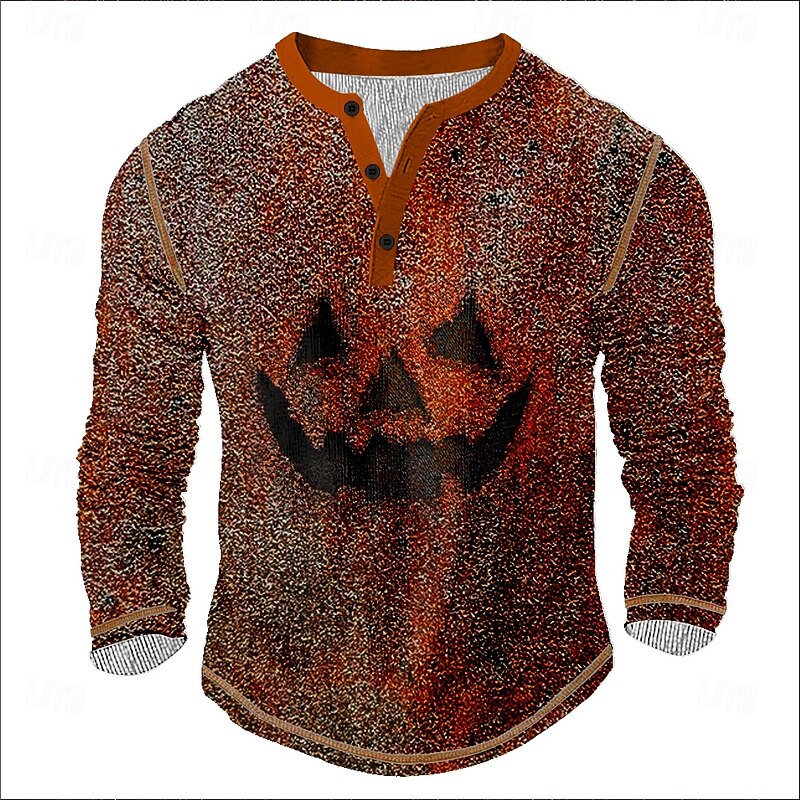 Men's Halloween Pumpkin Henley Shirt Waffle T Shirt Long Sleeve Vintage Daily Retro Vintage Sports Outdoor Casual Holiday Spring & Summer All Seasons Dark Brown Henley Henley T-Shirt