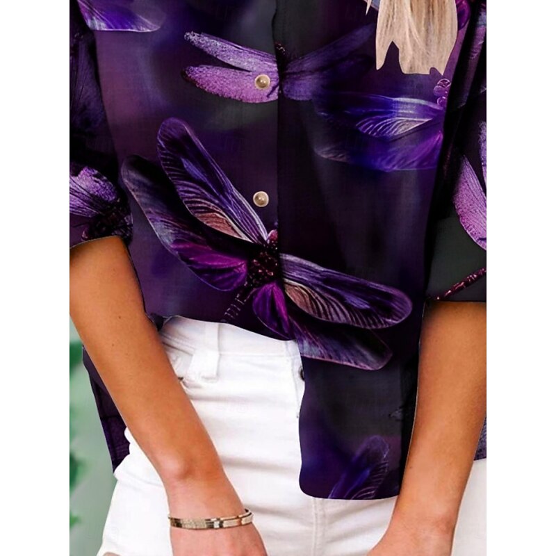 Women's Shirt Dragonfly Active Daily Stylish Long Sleeve Shirt Collar Regular Tops Daily Holiday Buttons Print Purple Summer Spring Fall2