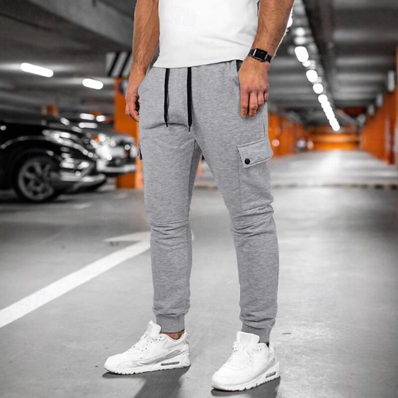 Men's Sweatpants Joggers Trousers Cargo Sweatpants Casual Pants Elastic Waist Drawstring Multi Pocket Plain Comfort Warm Full Length Outdoor Daily Gym Sports Fashion Black Navy Blue