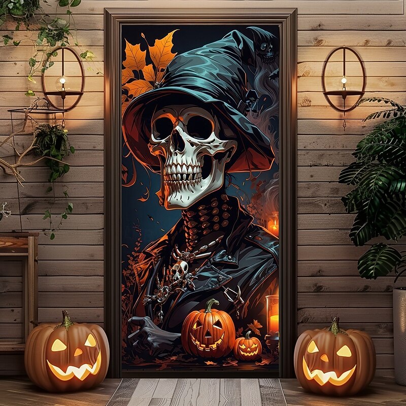 Halloween Door Covers Skeletons Witch Door Tapestry Door Curtain Decoration Backdrop Door Banner for Front Door Farmhouse Holiday Party Indoor Outdoor Decor Supplies3