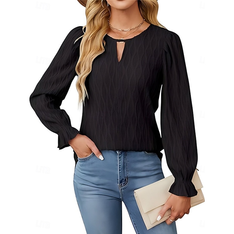 Women's Blouse Solid Color Elegant Stylish Basic Long Sleeve Crew Neck Regular Tops Daily Black White Blue Khaki Summer Spring