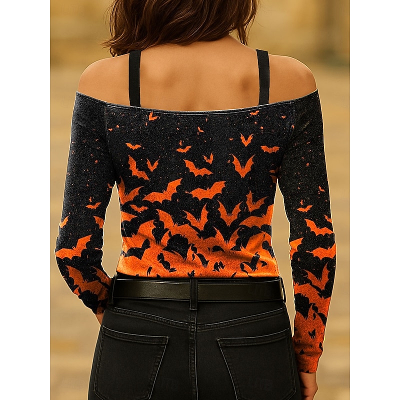 Halloween Women's T shirt Bat Long Sleeve Ombre Graphic Vintage Stylish Classic Long Sleeve V Neck Regular Tops Daily Lace Print Pink Blue Purple Orange Green Spring Fall Prefall2