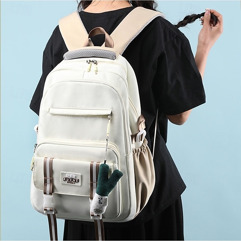 Back to School Backpack for Teen Girls – Cute Aesthetic School Bag with Plush Keychain, Multi-Pocket Lightweight Daypack for Middle & High School