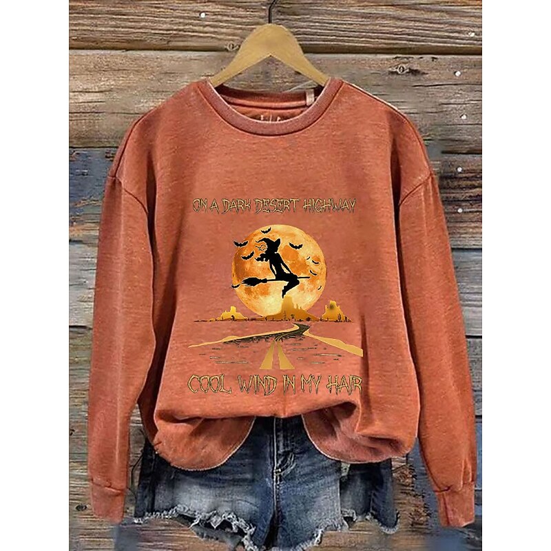 Halloween Women's Sweatshirts Witch Graphic Letter Casual Long Sleeve Crew Neck Regular Tops Street Dailywear Casual Print Black Blue Orange Green Fall Winter4