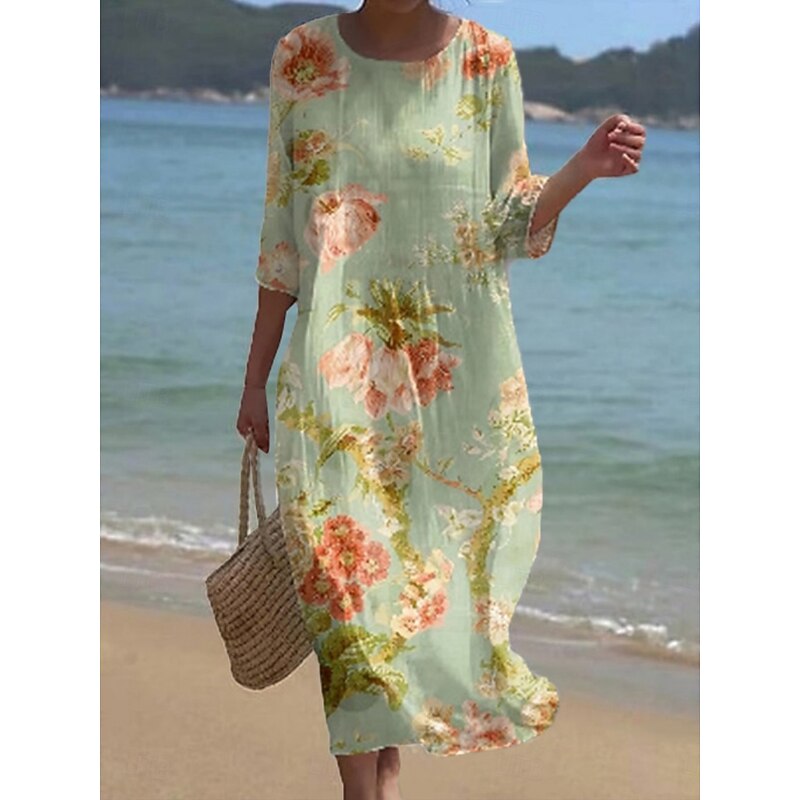 Women's Midi Dress Casual Dress Print Dress Fashion Modern Daily Beach Weekend Regular Fit Floral 3/4 Length Sleeve Crew Neck White Pink Green Spring Fall Autumn3