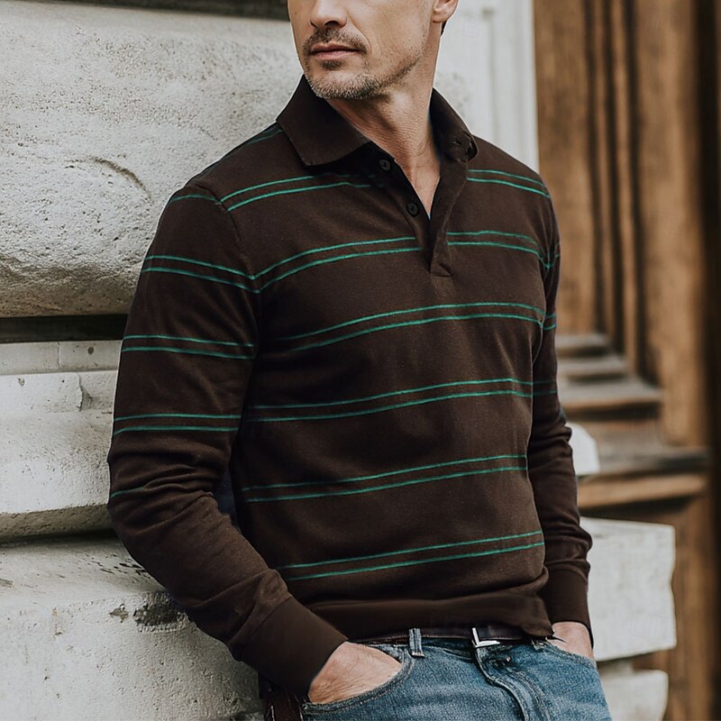Men's Horizontal Stripes Rugby Polo Long Sleeve Polo Shirts Collared Shirts Sportswear Casual School Outdoor Athleisure 3D Print Spring Fall Winter Dark Brown Red Army Green2