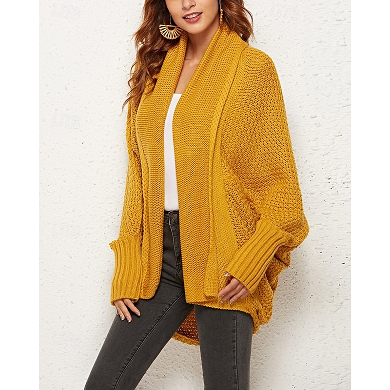 Women's Sweater Cardigan Fashion Streetwear Daily Solid Color Ribbed Open Front Knitted Long Sleeve Long Tops Knit Holiday Going out Weekend Black Yellow Fall Winter2