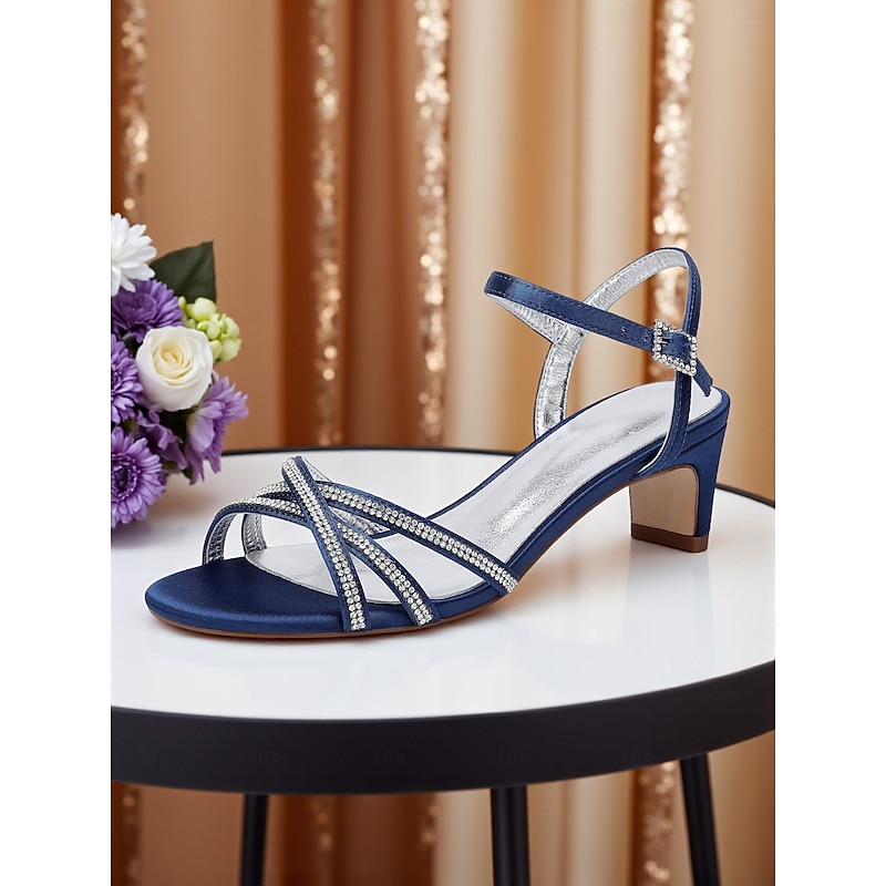Women's Satin Party Sandals - Elegant Navy Blue Open Toe Block Heel Shoes with Rhinestone Straps and Adjustable Buckle, Perfect for Formal Events and Cocktail Parties