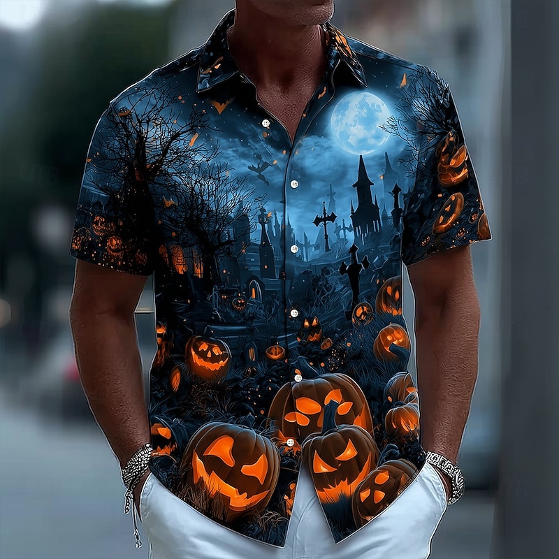 Halloween Men's Pumpkin Cemetery Halloween Costumes Shirt Button Up Shirt Short Sleeve Dark Punk Gothic Style Holiday Streetwear Summer Spring Turndown 3D Print Collared Shirts Dark Blue#1 Dark Blue