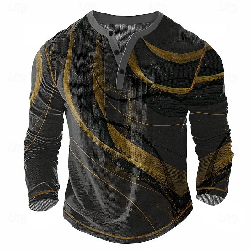 Men's Abstract Henley Shirt Waffle T Shirt Long Sleeve Vintage Daily Retro Vintage Sports Outdoor Casual Holiday Spring & Summer All Seasons Blue Yellow Green Red Grey Henley Henley T-Shirt