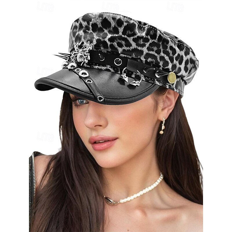 Women's Halloween Leopard Print Military Cap – Gothic Punk Faux Leather Hat with Spikes and Spider Studs, Costume Party and Cosplay Accessory for Spooky Night Out3