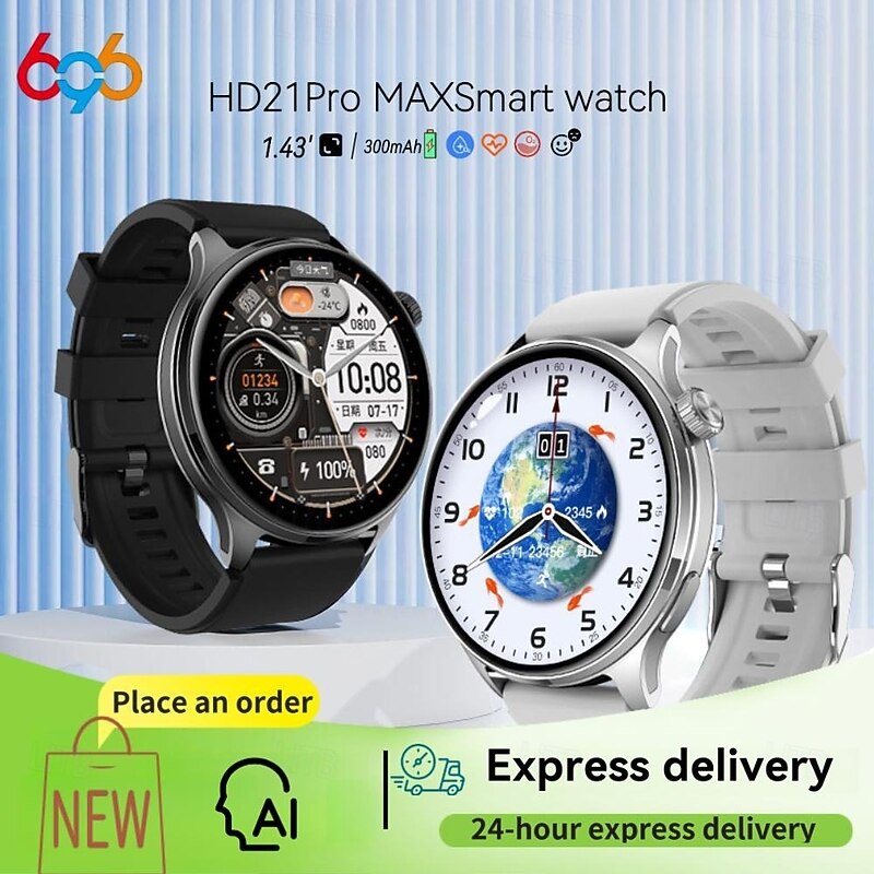 HD21 Smart Watch 1.43 inch Smartwatch Fitness Running Watch Bluetooth Timer Call Reminder Heart Rate Monitor Sedentary Reminder Find My Device Compatible with Android iOS IP68 Women Heart Rate