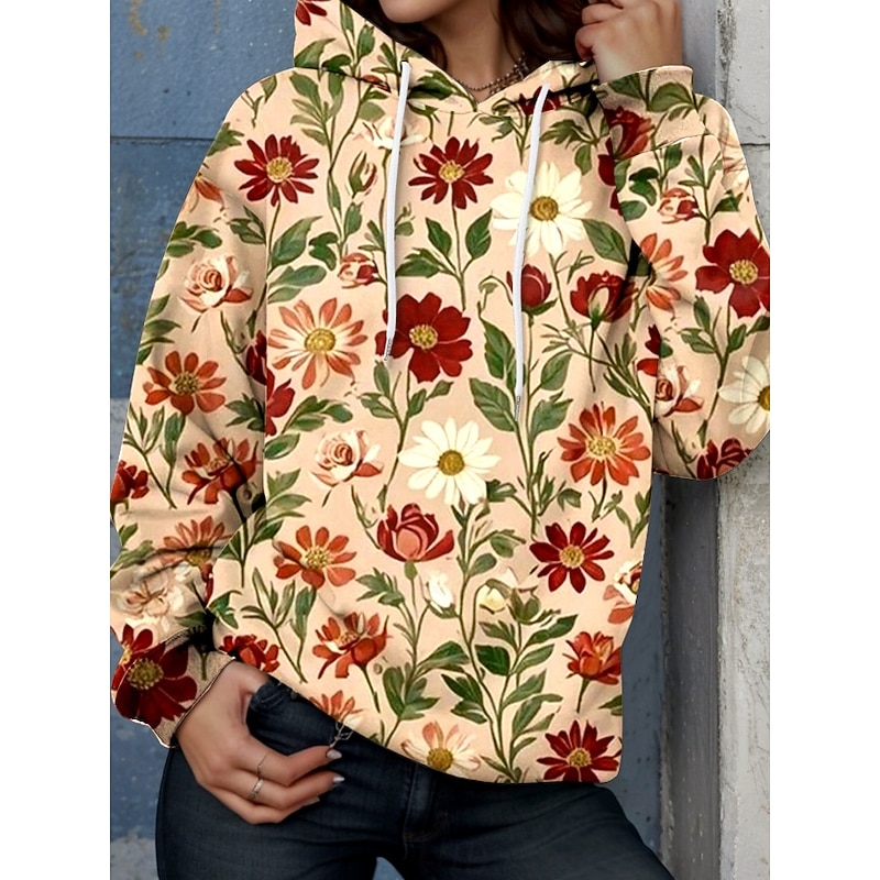 Women's Hoodie Pullover Sweatshirt Oversized Long Sleeve Casual Graphic Floral Warm Active Hooded Regular Tops Street Dailywear Print Maroon Spring Fall Winter