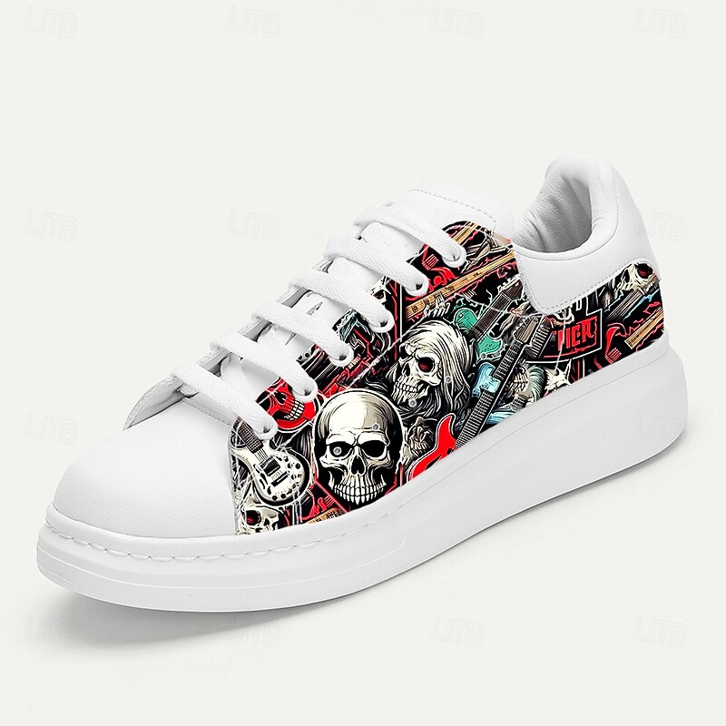 Men's White Sneakers with Horror Skull and Red Graphic Print for Halloween Parties, Music Festivals and Urban Streetwear3