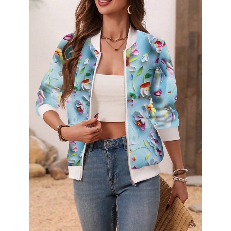 Women's Bomber Jacket Casual Jacket Comfortable Breathable Zipper Pocket Print Casual Floral Vacation Street Casual Daily Wear Zipper Short Stand Collar Regular Fit Long Sleeve Outerwear White Pink