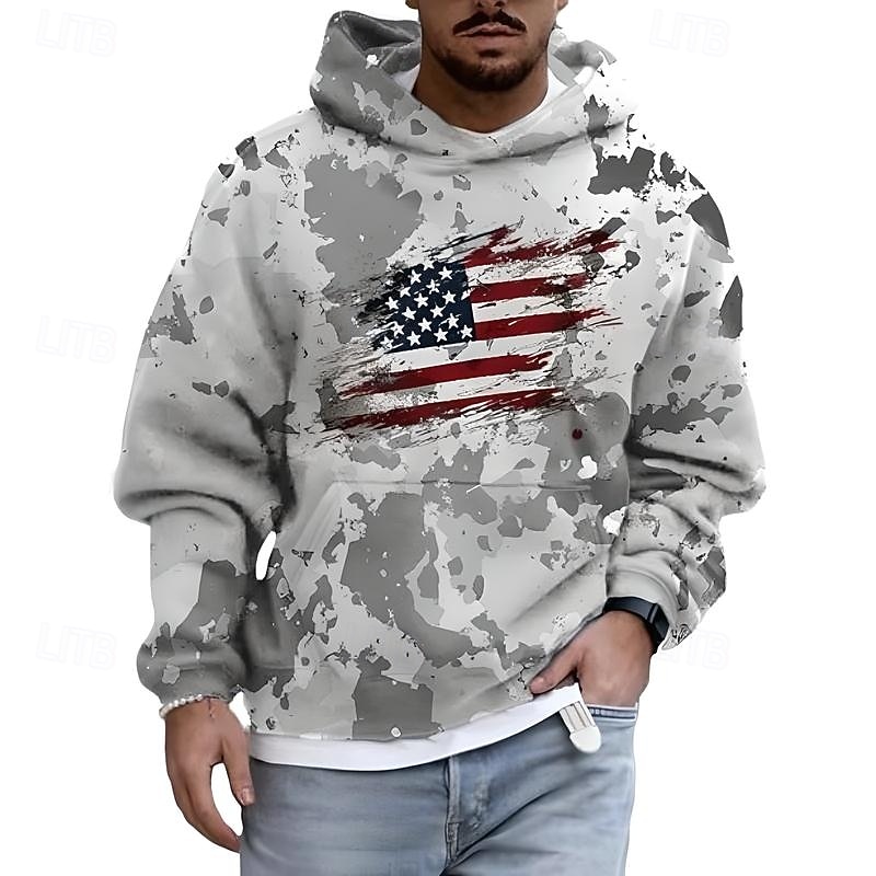 Men's Hoodie Green Gray Hooded Camo / Camouflage American Flag Front Pocket Daily Holiday Going out Polyester Streetwear Casual Fall Winter Clothing Apparel Hoodies Sweatshirts2