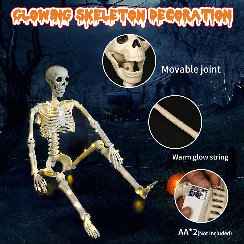 1 Pc 90cm/35inch Halloween luminous skeleton active joint model hanging standing, sitting, lying, warm light AA battery box indoor and outdoor horror and eerie decorative lights3