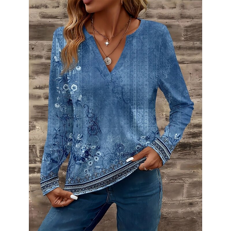 Women's Blouse Floral Retro Vintage Ethnic Long Sleeve V Neck Regular Tops Daily Holiday Print Royal Blue Blue Summer Spring Fall4