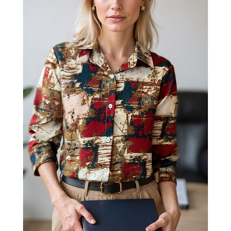 Women's Blouse Dressy Tops Chiffon Tops Graphic Color Block Elegant Daily Stylish Long Sleeve Shirt Collar Regular Tops Work Daily Buttons Print Yellow Wine Green Beige Gray Spring, Fall, Winter2