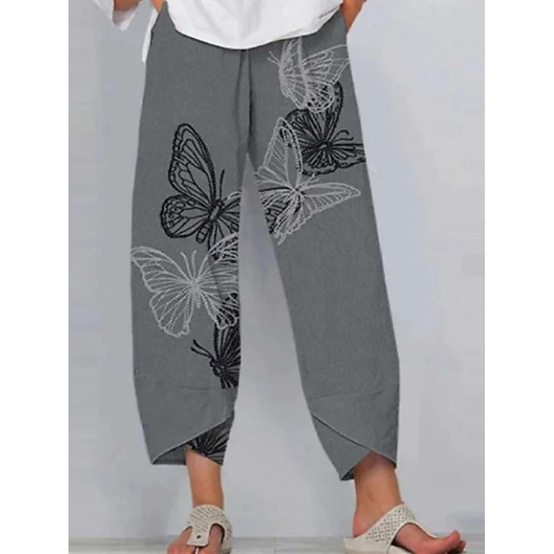 Women's Slacks Pants Trousers Vacation Vintage Ethnic Style Ankle-Length High Waist Graphic Abstract Geometic Elastic Waistband Comfy Breathability Soft Inelastic Outdoor Street Daily Dark Gray Black3
