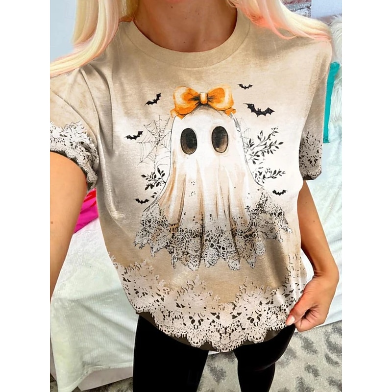 Halloween Women's T shirt Ghost Graphic Vintage Stylish Classic Short Sleeve Crew Neck Round Neck Regular Tops Daily Weekend Print Black off-white Summer Spring Fall2