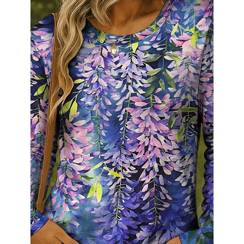 Women's T shirt Crew Neck Long Sleeve Tunic Floral Graphic Plants Vintage Stylish Classic  Round Neck Regular Tops Daily Print Yellow Red Blue Purple Green Fall3