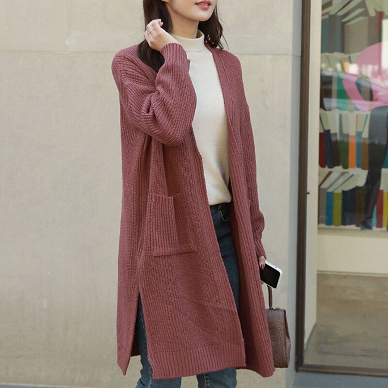 Women's Sweater Cardigan Fashion Streetwear Daily Solid Color Ribbed Open Front Knitted Long Sleeve Long Tops Knit Holiday Going out Weekend Red Beige Fall Winter3