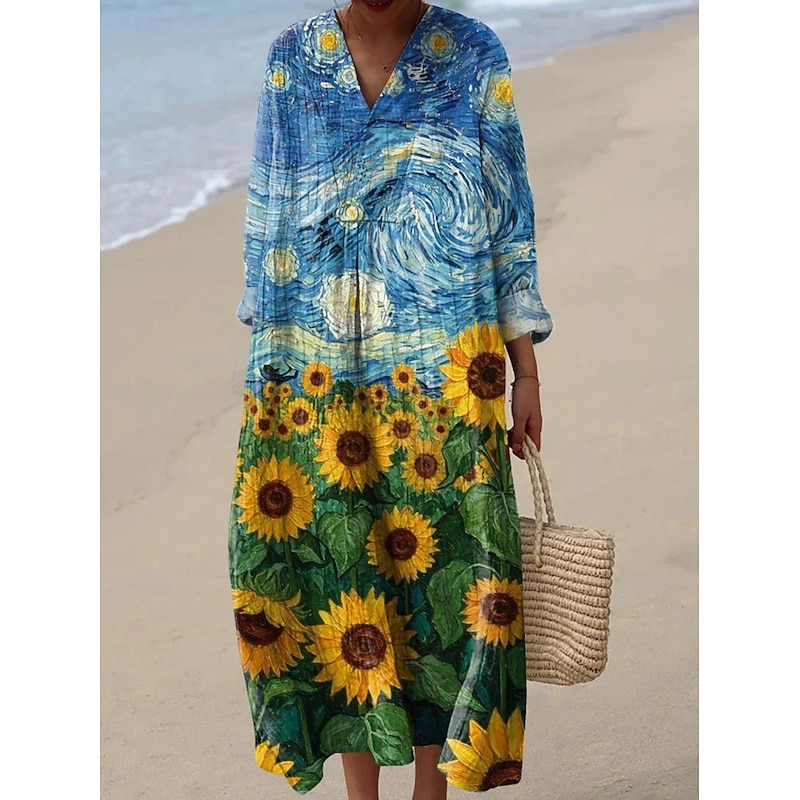 Women's Midi Dress V Neck Long Sleeve Kaftan Lightweight Loose Fit A Line Dress Casual Boho Party Going out Floral Graphic Long Sleeve V Neck Yellow Orange Green Fall2