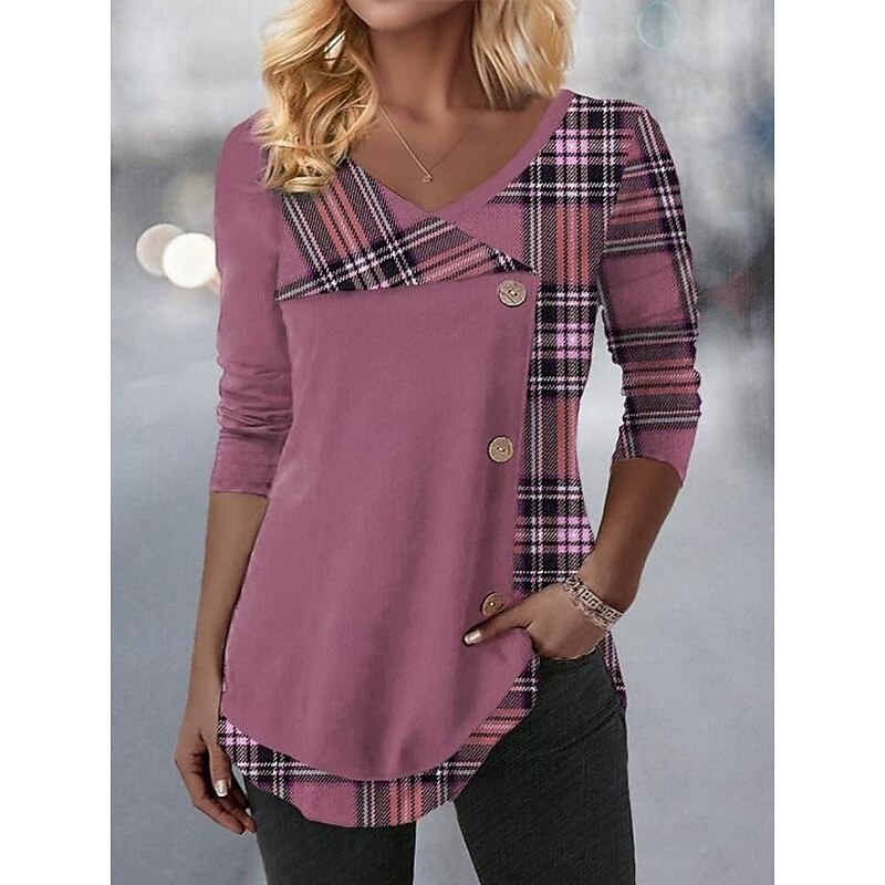 Women's Blouse Tunic V Neck Long Sleeve Buttons Plaid Stylish Casual Regular Tops Daily Print Pink Blue Purple Green Spring Fall Prefall