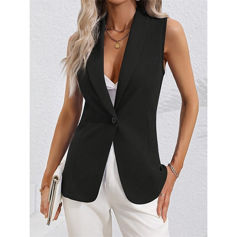 Women's Vest Blazer Comfortable Breathable Pocket OL Style Modern Plain Formal Office Street Casual Single Breasted Regular Turndown Regular Fit Sleeveless Outerwear Black Pink Summer Spring2