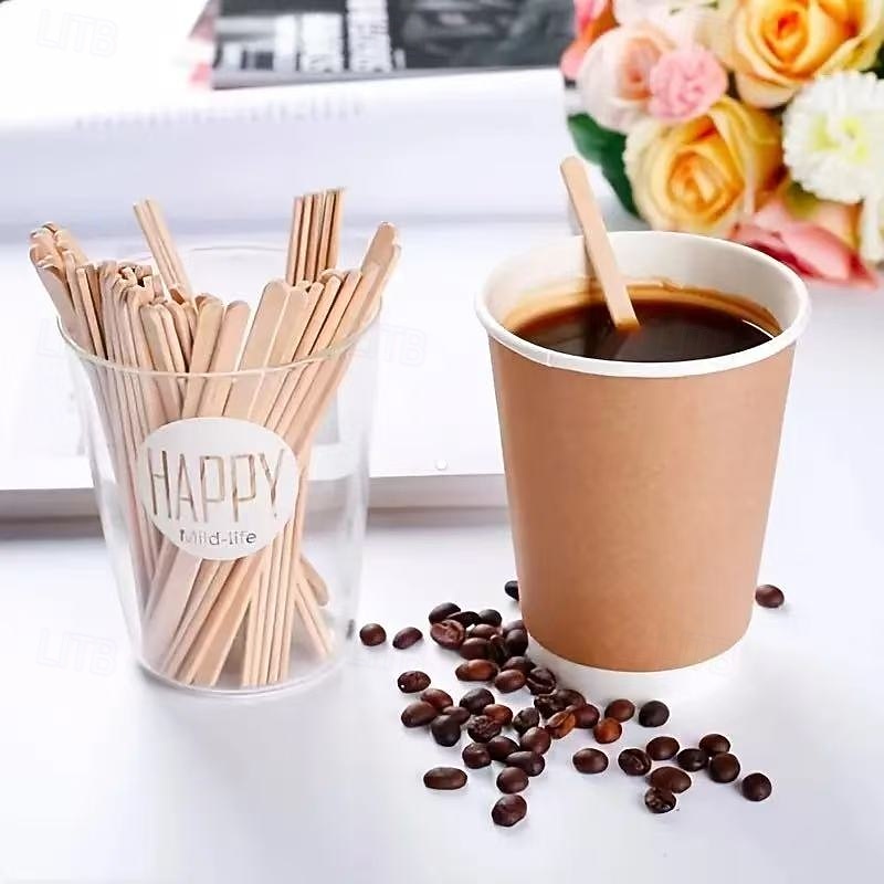 300pcs Individually Wrapped Wooden Coffee Stirrers, 140mm Disposable Drink Stir Sticks with Smooth Ends for Coffee, Tea, Cocktails, Bar, Café, Party Supplies