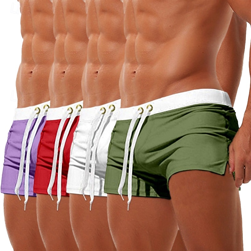 4pcs Men's Swim Trunks Swim Shorts Board Shorts Beach Shorts Elastic Waist Drawstring Zipper Pocket Solid Color Quick Dry Breathable Knee Length Casual Daily Beach Vacation Fashion Bue Black Orange2