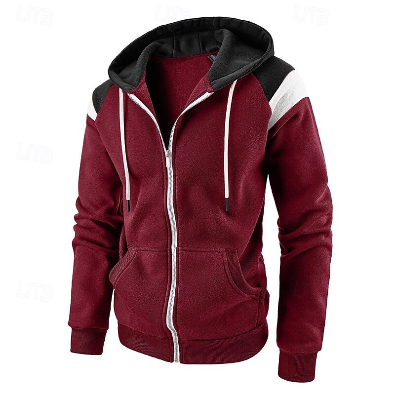Men's Hoodie Full Zip Hoodie Black Red Navy Blue Khaki Dark Gray Hooded Color Block Patchwork Pocket Drawstring Sports & Outdoor Daily Holiday Polyester Streetwear Basic Casual Spring Fall Clothing2