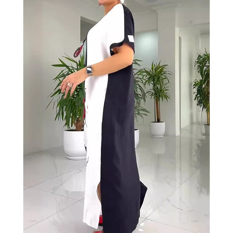 Women's Long Dress Maxi Dress Casual Dress Print Dress Classic Modern Outdoor Vacation Going out Regular Fit Color Block Short Sleeve Crew Neck Black And White Fall2