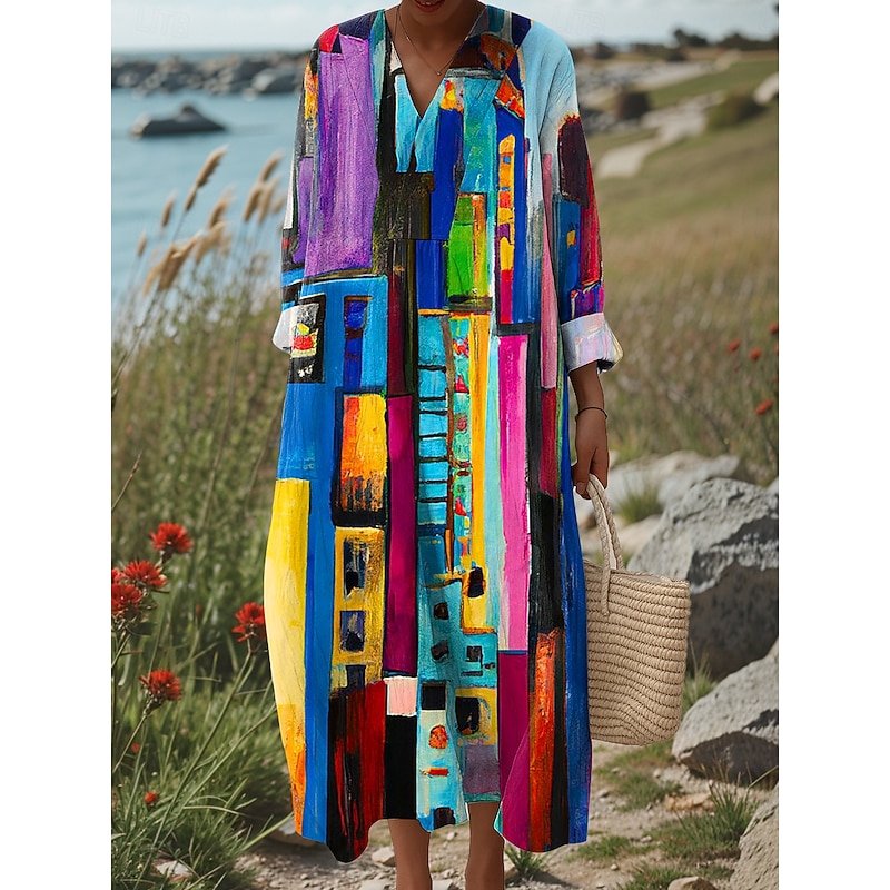 Women's Midi Dress V Neck Long Sleeve Kaftan Lightweight Loose Fit Shift Dress Casual Going out Loose Fit Graphic Geometric Abstract Long Sleeve V Neck Pink Blue Orange Fall