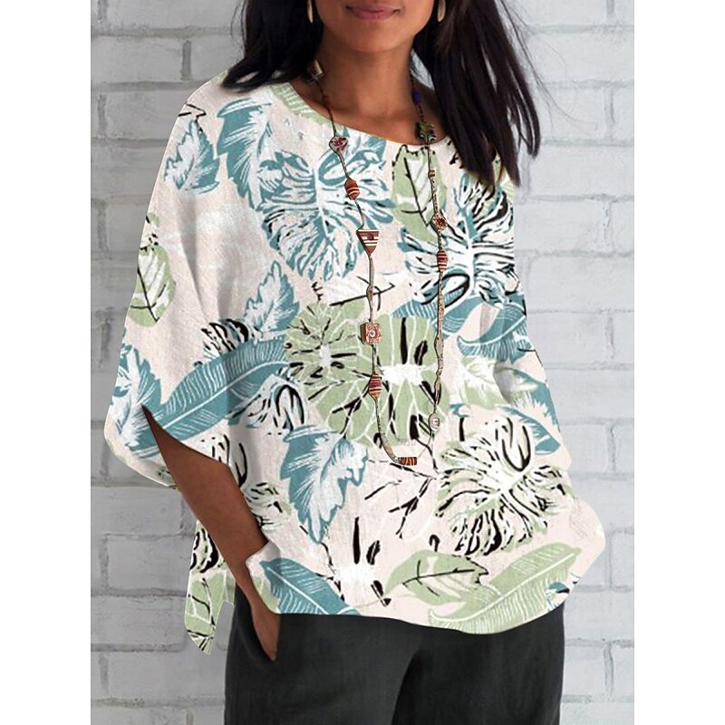 Women's Shirt Floral Daily Casual 3/4 Length Sleeve Crew Neck Regular Tops Daily Holiday Print Black Blue Apricot Summer Spring Fall3